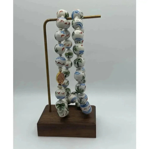 Vintage | Rare | Chinese porcelain hand painted necklace | palm trees & birds - Picture 12 of 15